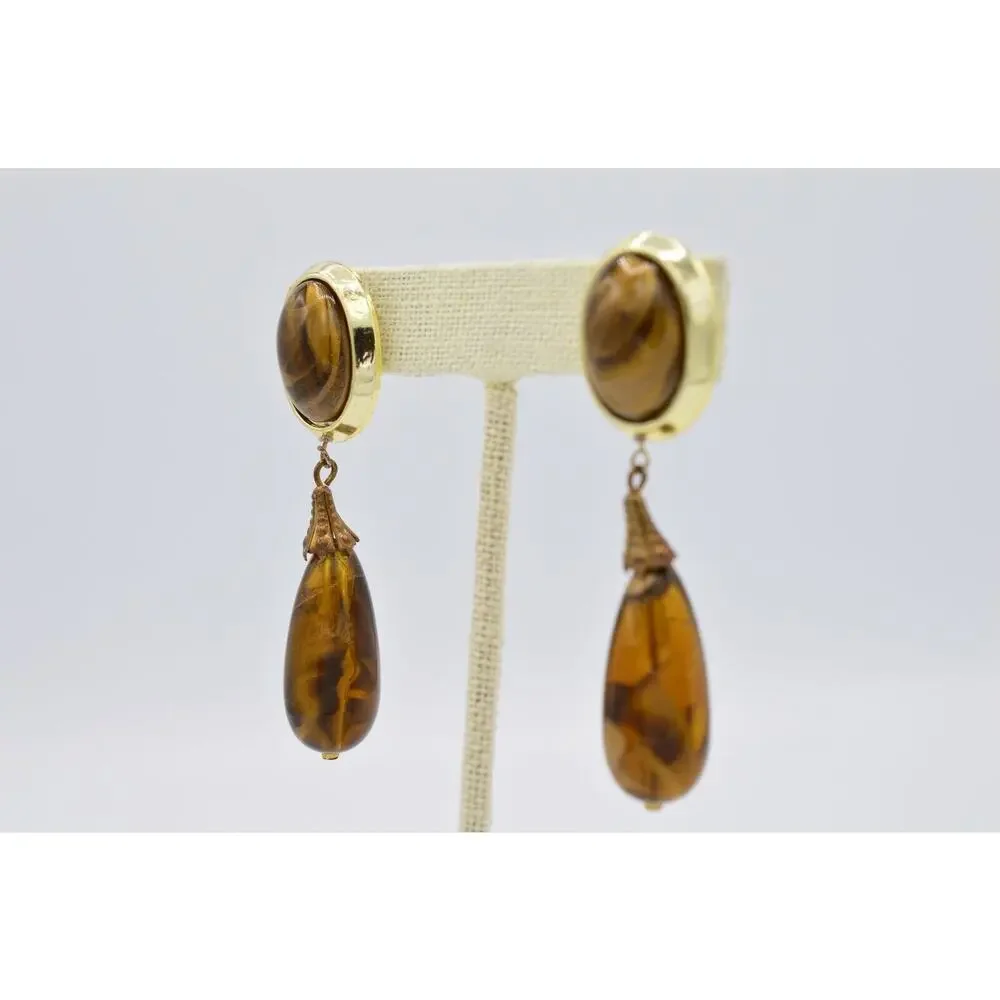 Vintage Dangle Earrings Lucite Marbled Brown Tortoise Chunky 1980s 9L